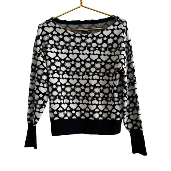 Maeve by Anthropologie Heart Print Boat Neck Sweater in Black & White Size XS - Picture 1 of 6